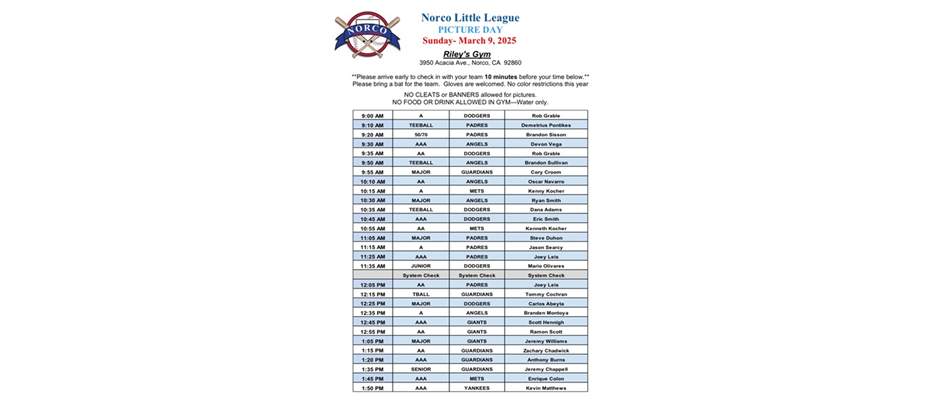 2025 Picture Day Schedule